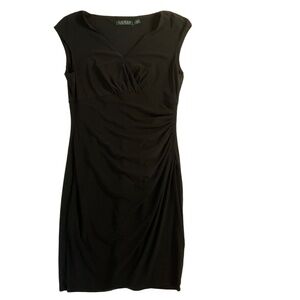 Lauren Ralph Lauren Black Sleeveless VNeck Ruched Faux Wrap Sheath Dress Petite‎